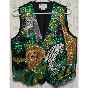 Vtg Fashion Fantasy Wild Animals Vest WOMENS SIZE L Sequins Beaded Zebra Lion